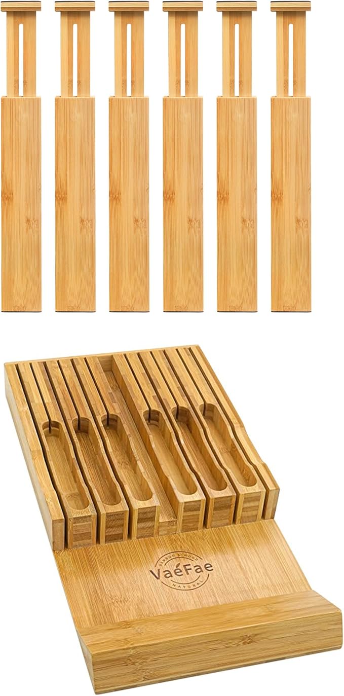 VaeFae Adjustable Bamboo Drawer Dividers and Bamboo Knife Drawer Organizer Bundle