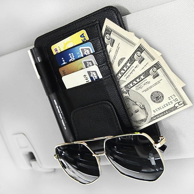 Small Leather Sun Visor Organizer for Car and Truck - Sunglass Holder, Card Sleeve Pocket, Document Holder for Registration, Driving License, Insurance, Pen, Chapstick