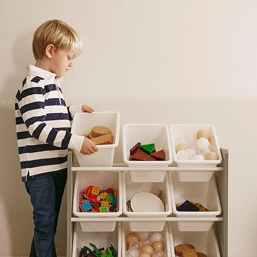 ECR4Kids 3-Tier Organizer with 9 Bins, Toy Storage, Grey/White