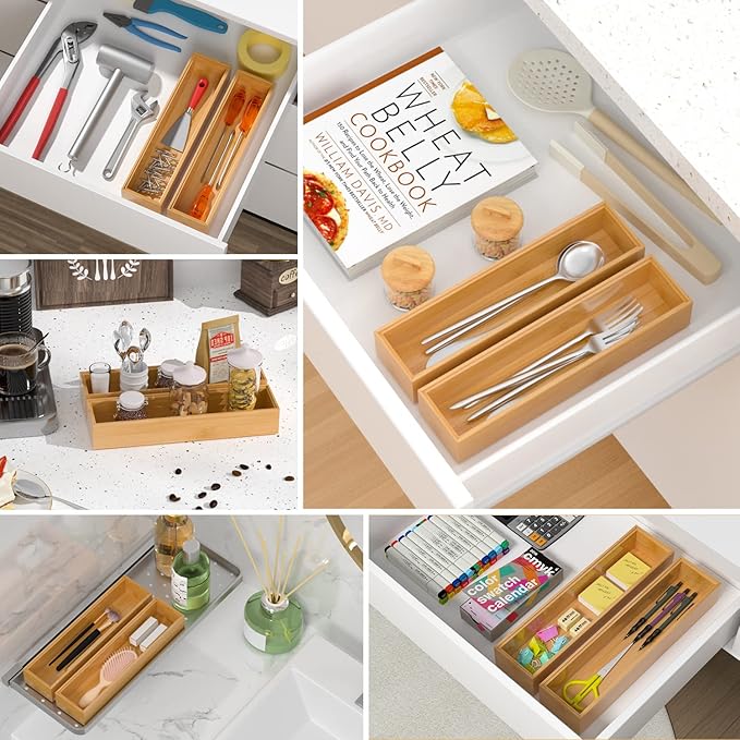 VeyFey Silverware Tray for Drawer, Stackable Kitchen Bamboo Drawer Organizer 12" x 3" x 2" Set of 2