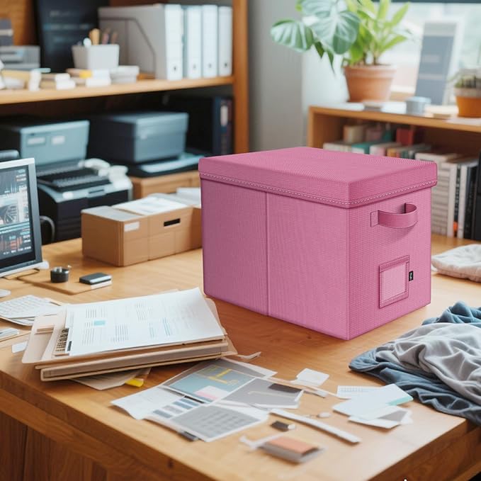 File Organizer Boxes with Lid, Linen Hanging File Storage Boxes with Handle, Collapsible Document Filling Boxes for Letter/Le