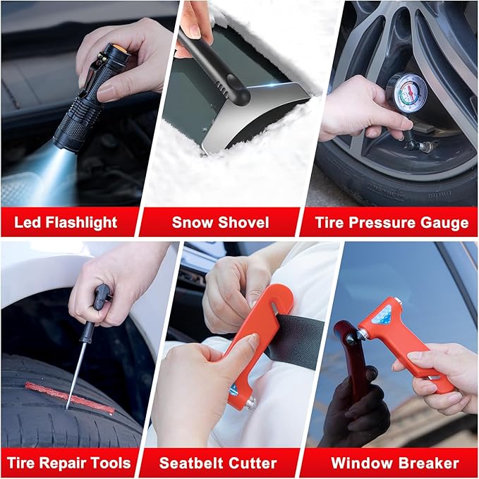 Car Roadside Emergency Kit - Car Emergency Kit with Jumper Cables, Tow Rope, Folding Shovel, Safety Hammer, Reflective Warnin
