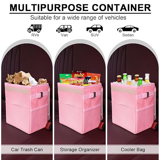 Car Trash Can Bin with Lid - Collapsible Car Garbage Can with Storage Pockets-Pink Mini Leakproof Vehicle Trash Bag-Small Automotive Organizers and Storage for Back/Front Seat SUV Truck Accessories