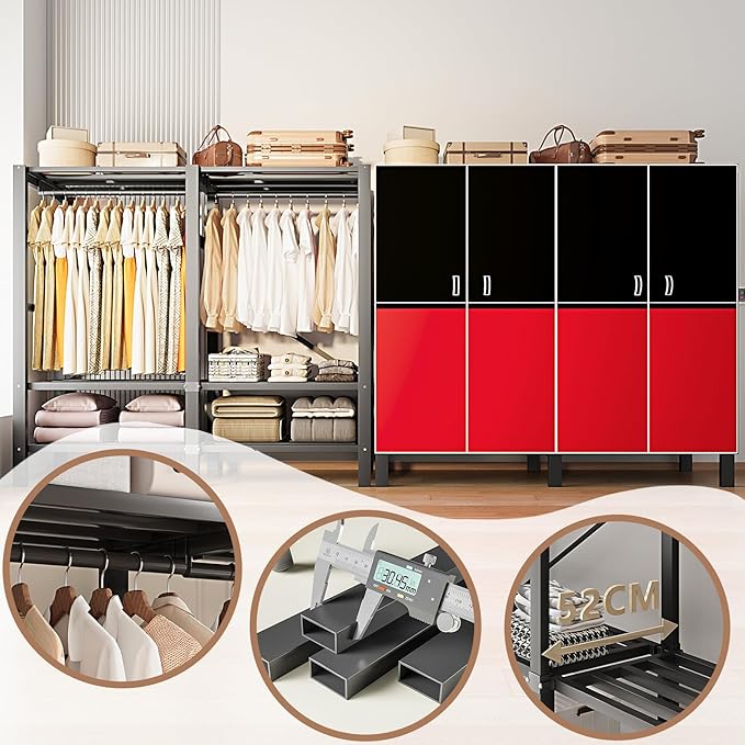 Heavy Duty Clothes Rack with Cover, Portable Wardrobe Closet with Magnetic Door & Black Steel Frame, Foldable Freestanding Ga