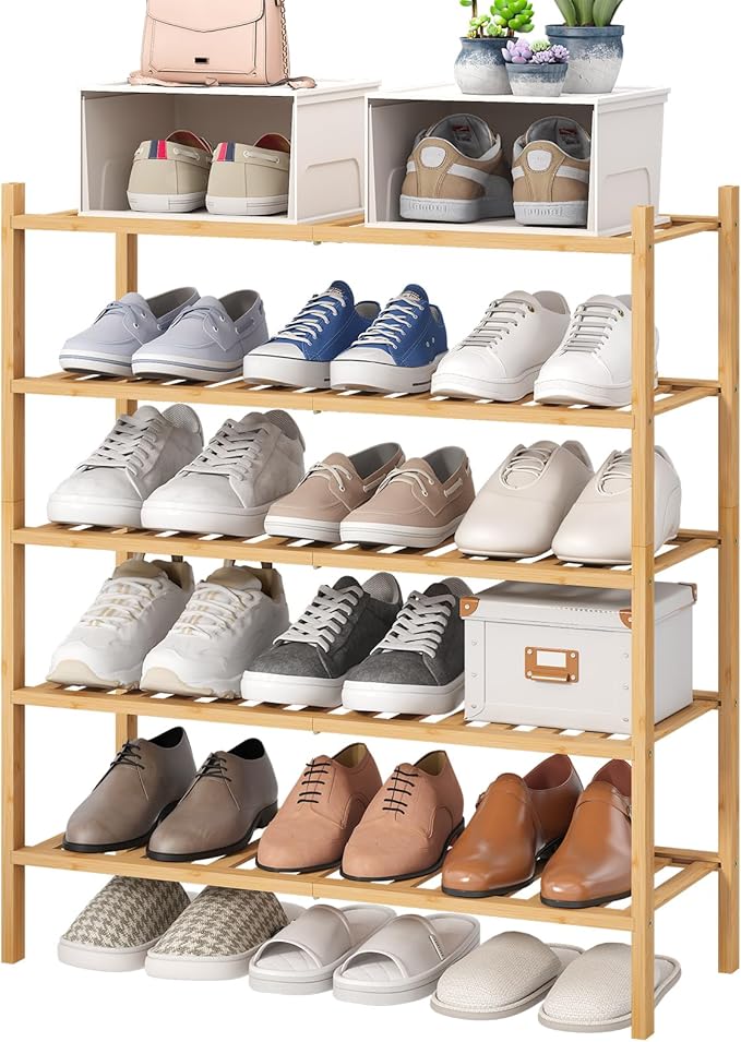 viewcare 5-Tier Bamboo Shoe Rack for Entryway, Stackable | Foldable | Natural, Shoe Organizer for Hallway Closet, Standing Sh