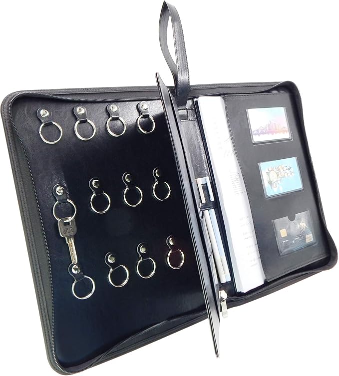 Leather Zippered Key Case,Key Organizer 12-Key Hooks Portable Key Cabinet Document Organizer Business Card Holder Tablet Slee