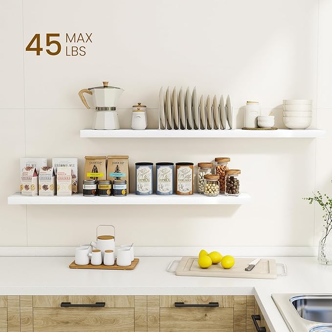 Dreamland 48Inch Floating Shelves for Wall, Rustic Wooden White Floating Shelves for Living Room, Kitchen, Farmhouse, Deep Wa