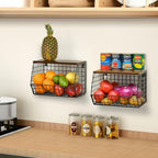 Wetheny 2pcs Fruit Basket Onion Storage Wire Basket with Wood Top- Wall Mounted & Stackable Kitchen Counter Organizer,Cabinet