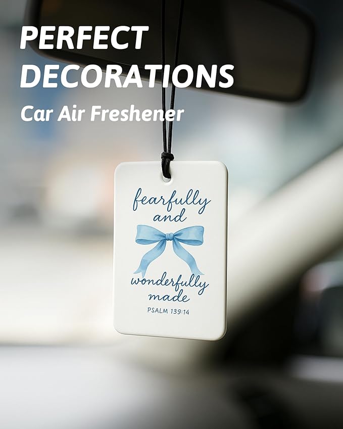 Inspirational Christian Car Air Freshener 4 Pcs, Blue Coquette Bow Religious Hanging Air Freshener for Cars Closet Drawer Boo