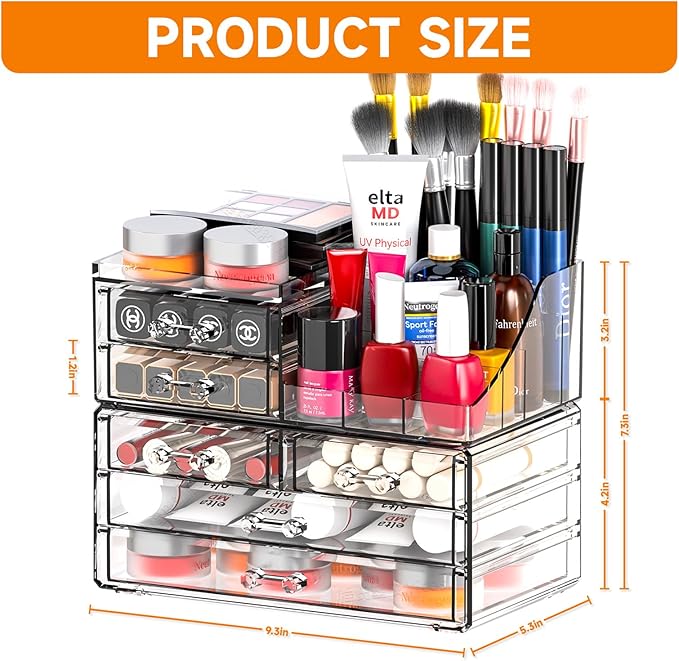 SUOXING Clear Acrylic Makeup Organizer for Vanity,Bathroom,Dresser,6 Drawer Cute Make up Organizers for Counter,Plastic Coun