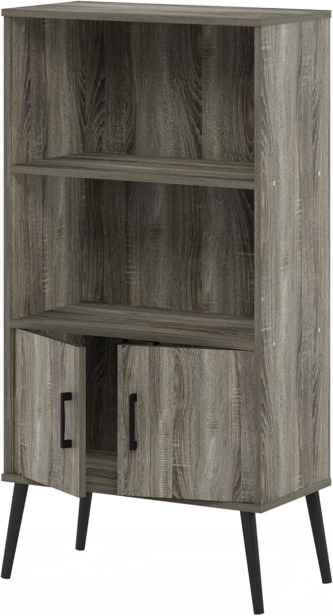 Furinno MIDCENTURY Storage Shelves, Storage Cabinet with Doors and Shelves, Bookshelf with Legs, for Living Room, Home Office