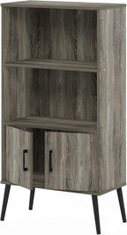Furinno Claude Mid Century Style Accent Wooden Leg Bookcase Cabinet with Storage Organizer Shelves, French Oak Grey