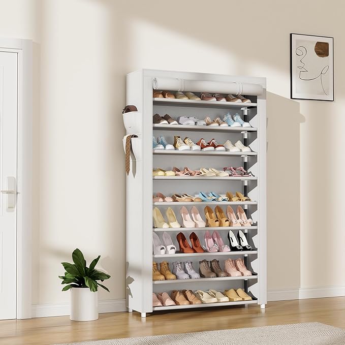 LANTEFUL Shoe Rack with Covers 10 Tier Tall Shoe Rack Organizer Large Capacity Shoe Shelf Storage 40 Pairs Space Saving Free 
