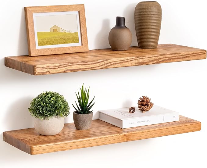 Fun Memories 24 Inch Floating Shelves, Rustic Solid Wood Wall Shelves Set of 2, 8 Inch Deep Floating Shelf for Bathroom, Bedr