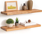 Fun Memories 24 Inch Floating Shelves, Rustic Solid Wood Wall Shelves Set of 2, 8 Inch Deep Floating Shelf for Bathroom, Bedr