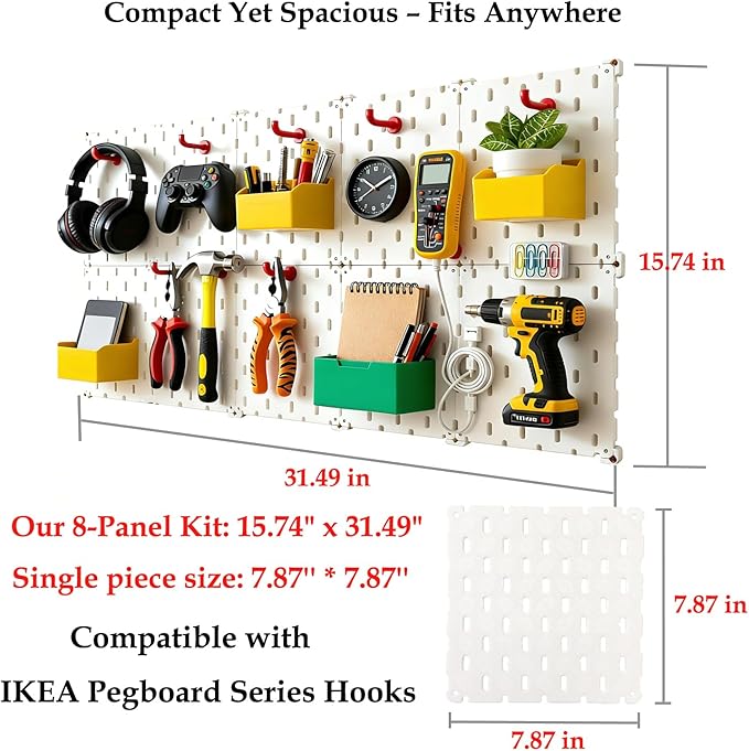 Kulle Peg Board,8 Pack Pegboard Wall Organizer,Plastic Pegboard Panels,Easy Install Heavy Duty Peg Board for Walls Home, Gara
