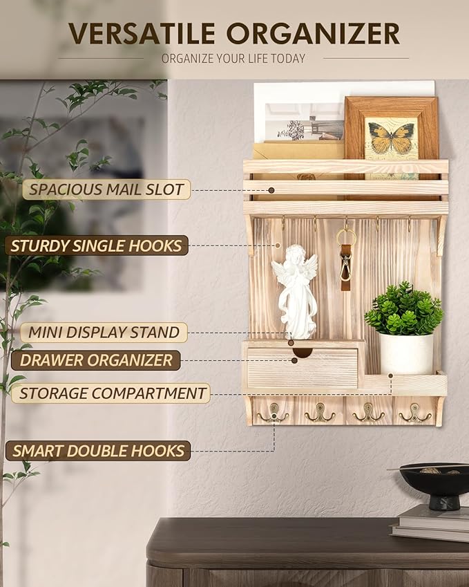 Rebee Vision Decorative Key Holder Wall Mount with Mini Drawer Organizer - Farmhouse Key Holder for Wall with Mail Organizer 