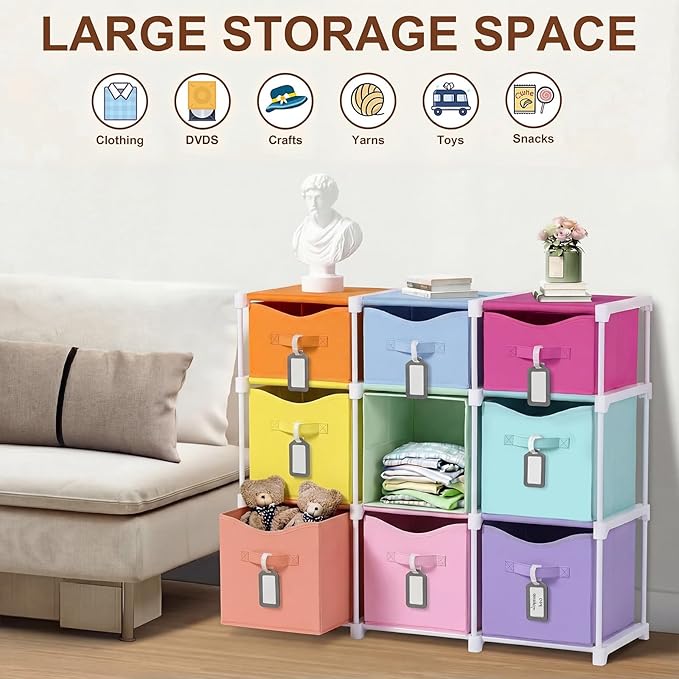 9 Cube Storage Organizer Shelf with Storage Bins and Label, 11 Inch Toy Cube Bins Clothes Closet Organizers Drawers Fabric Dr