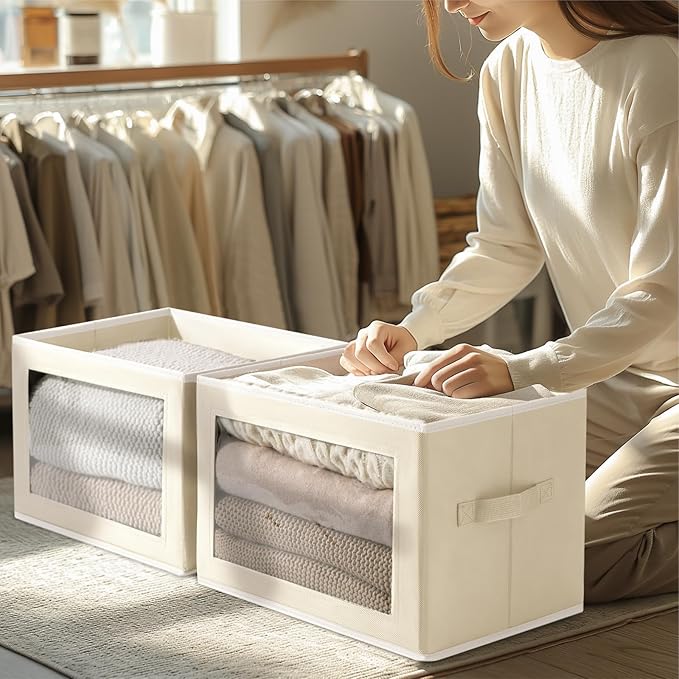 Homsorout Large Storage Baskets Bins with Lids - Stackable Cube Bins for Closet, 3 Pack Beige Windows Organizer Bins, Home Or