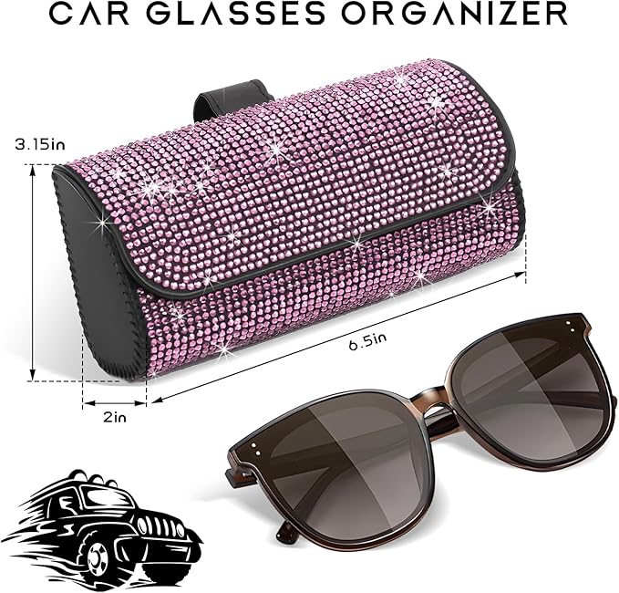 Sunglasses Holder for Car Sun Visor, Bling Leather Eyeglasses Visor Storage Case with Hidden Magnetic Closure, Sparkling Auto Visors Protective Organizer Storage Box (Pink)