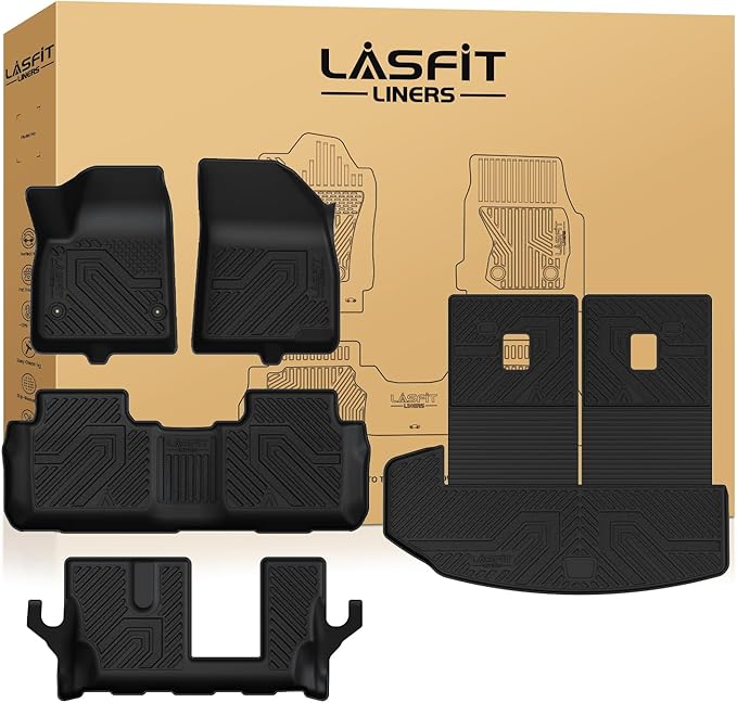 LASFIT Floor Mats & Cargo Liner with Backrest Mat 2020-2025 & Only 7 Seats (Not for 6 Seats) for Cadillac XT6, All Weather TPE Custom Fit Floor Liners for Cars, Car Floor Mats Full Set for XT6, Black