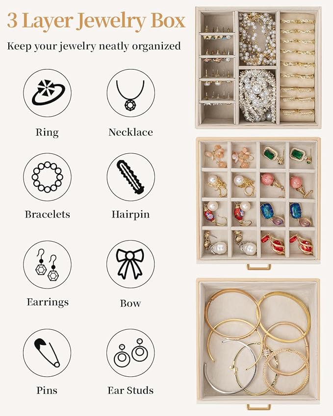 TORIBIO Jewelry Box for Women, Leather Jewelry Organizer with Mirror & Lock, 3-Tier Jewelry Storage Organizer with 2 Drawers 
