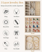 TORIBIO Jewelry Box for Women, Leather Jewelry Organizer with Mirror & Lock, 3-Tier Jewelry Storage Organizer with 2 Drawers 
