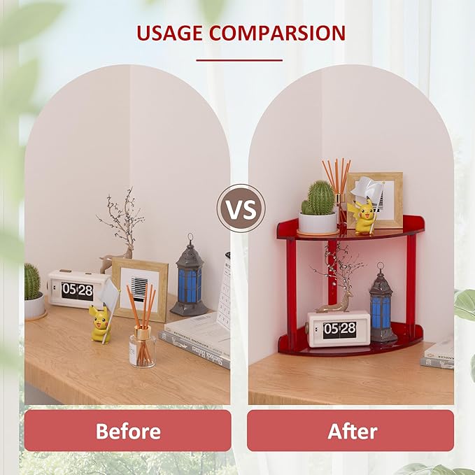 Sezanrpt 2 Tier Countertop Corner Organizer Shelf 7x7x8 Inch, Red Acrylic Bathroom Corner Shelf for Countertop, Vanity Storag