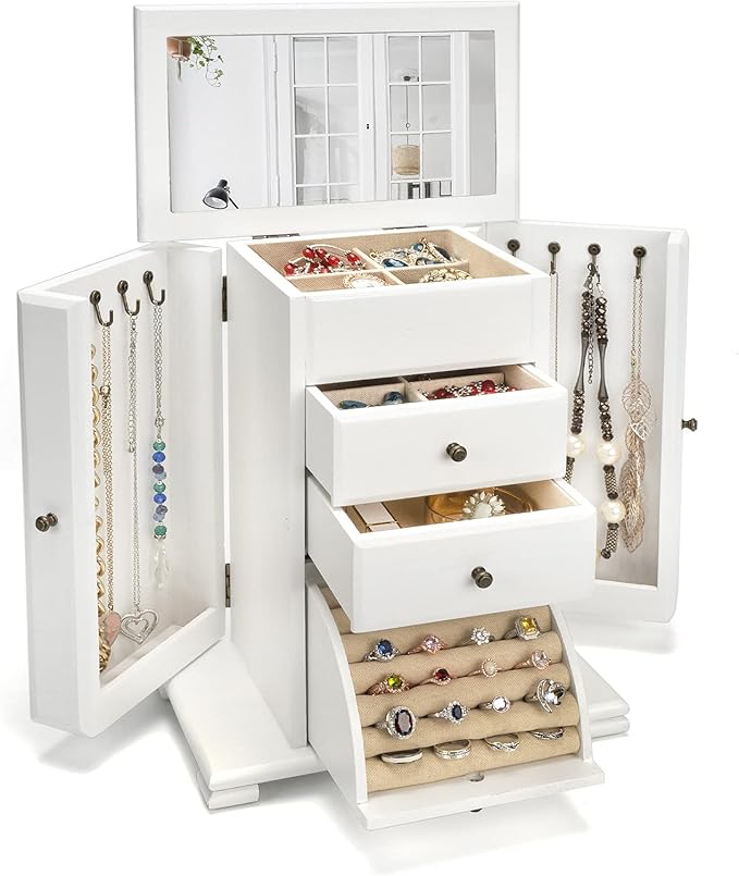 Emfogo Jewelry Box for Women, Rustic Wooden Jewelry Boxes & Organizers with Mirror, 4 Layer Jewelry Organizer Box Display for