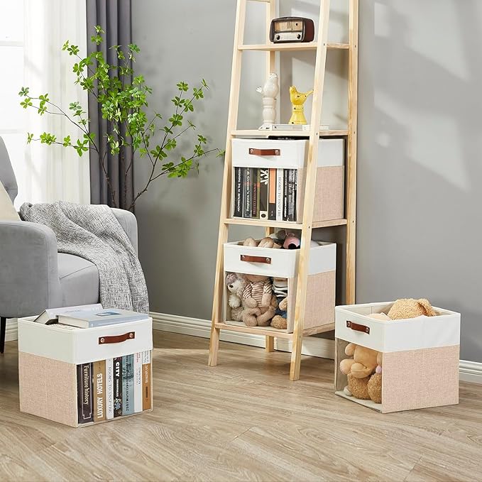 Bagnizer Storage Cubes, 4 Pack Linen Foldable Storage Bins with Clear Window and 2 Handles, 13x15x13 Storage Cube Bins for Sh