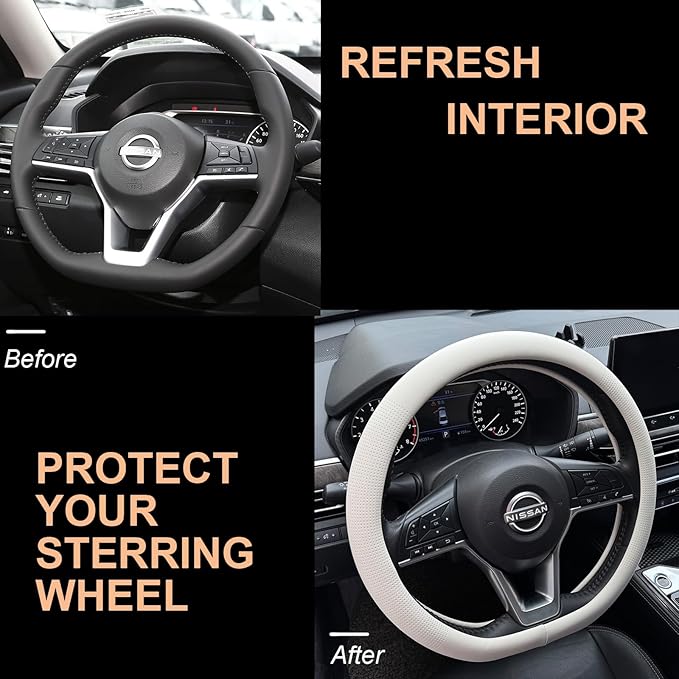 PINCTROT D Shaped Nappa Leather Steering Wheel Cover, Slim Fit No Bulk Design, One Piece Leather with Breathable Perforation,
