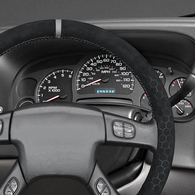 MEWANT Suede Steering Wheel Cover for Chevy Silverado 1500 2003-2006 DIY Hand-Stitched Non-Slip Grip Black Embossed Wrap