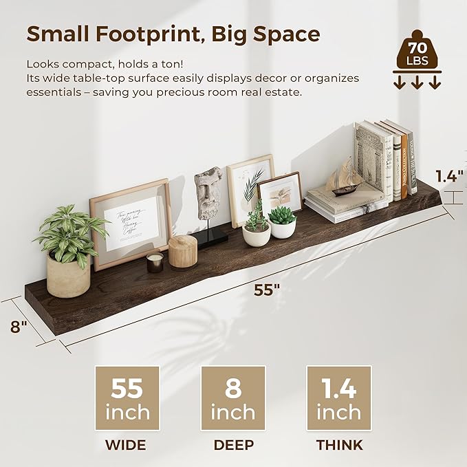 55 Inch Floating Shelves for Wall, Solid Elm Wood Live Edge Wall Shelf for Home Decor, 8 Inch Deep Floating Shelf, 55 x 8 Woo