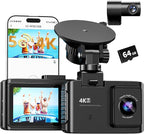 Dash Cam Front and Rear: 4K Dual Channel Dash Cam - 5GHz WiFi, Dash Camera for Cars with 64GB Card, 2" IPS, App Control, G-Se