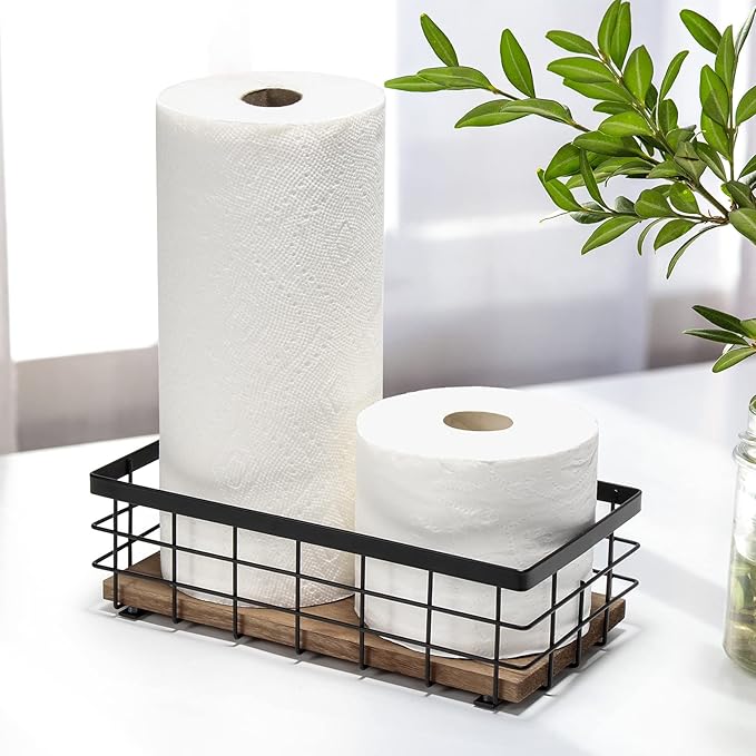 TJ.MOREE Small Metal Wire Basket, Decorative Wood Base Organizer for Bathroom, Kitchen, Basket for Toilet Paper Storage, Suga