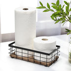 TJ.MOREE Small Metal Wire Basket, Decorative Wood Base Organizer for Bathroom, Kitchen, Basket for Toilet Paper Storage, Suga