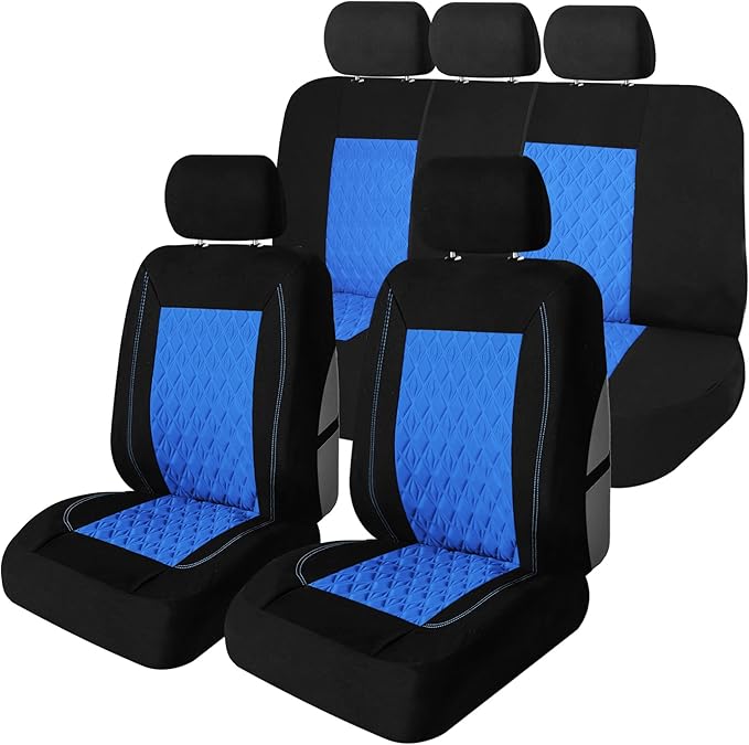 Universal Fit Diamond Stitched Flat Cloth Car Seat Covers Full Set - Blue