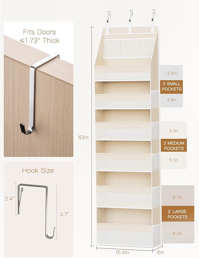 Criusia Over the Door Organizer, 6-Shelf Closet Hanging Storage with 13 Mesh Pockets, 55lbs Capacity Behind the Door Storage 