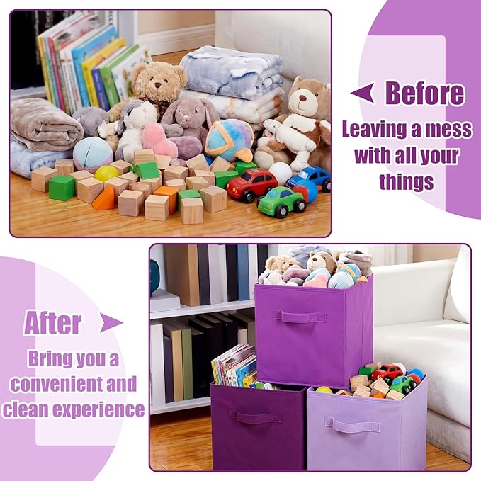 Karenhi 11" x 10.5" x 10.5" Purple Storage Cube, 6 Pack Fabric Cube Storage Bins Organizer Box, Collapsible Baskets with Hand