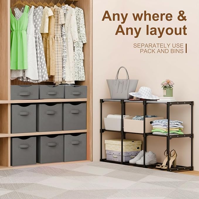 9 Cube Storage Organizer Shelf with Storage Bins and Label, 11 Inch Toy Cube Bins Clothes Closet Organizers Drawers Fabric Dr