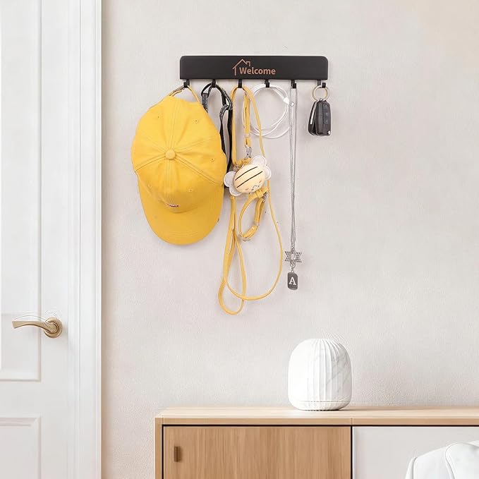 SCUNDA Wooden Key Holder with Metal Hooks,No Drill Adhesive & Screws, Wall Mount Entryway Organizer for Keys, Coats, Hats, Ru
