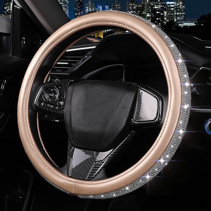 Bling Diamond Leather Steering Wheel Cover, Golden Steering Wheel Covers for Women Girls with Crystal Rhinestones, Universal Fit 14.5-15 Inch Car Steering Wheel Bling Cover Accessories