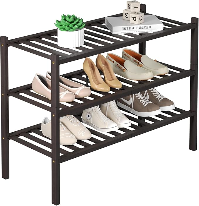 ROMGUAR CRAFT 3 Tier Bamboo Shoe Rack for Closet Free Standing Wood Shoe Shelf for Entryway Small Space Stackable 27"x11"x20"