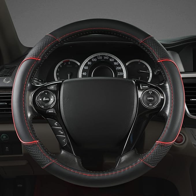 GIANT PANDA Steering Wheel Cover for Honda Civic(2006-2015),CR-Z, Insight, S2000 (Black+Red Line-Small Size)