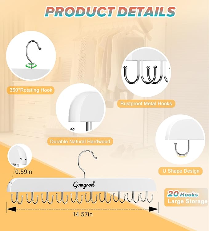 Gomyrod Bra Hanger for Closet, 2 Pack Tank Top Hanger w/20 Hooks Capacity Foldable Wood Space Saving Hangers, 360°Rotating Cl