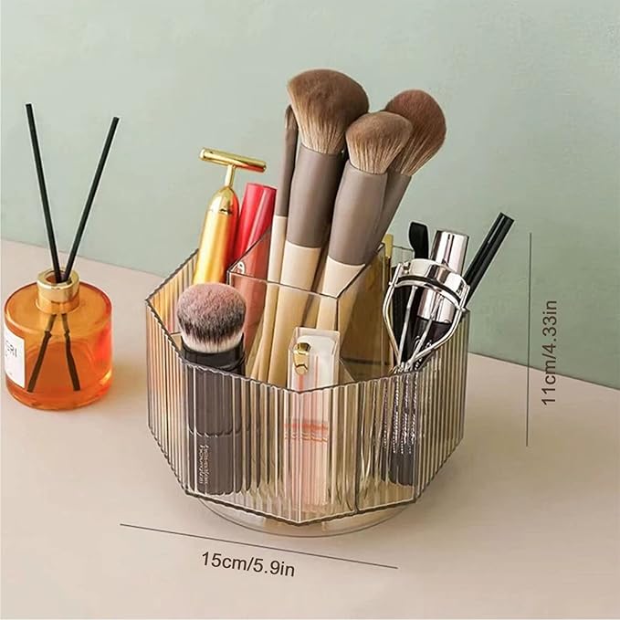 LINFIDITE 360°Rotating Makeup Brush Holder Cosmetic Display Case Clear Makeup Lip Gloss Organizer Case with 5 Slots Round Tur