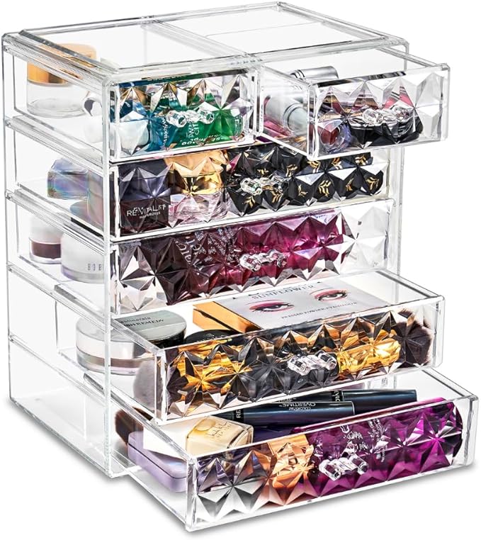 Sorbus Acrylic Makeup Organizer Set, 6-Drawer Vanity & Countertop Cosmetic Storage with Small & Wide Drawers, Diamond Makeup 