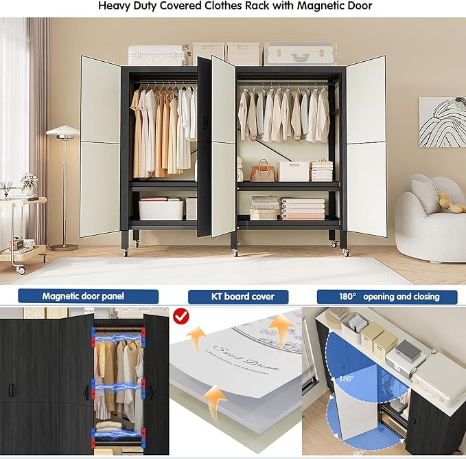 Heavy Duty Covered Clothes Rack with Magnetic Door Foldable Portable Wardrobe Closet for Hanging Clothing Rolling Black Metal