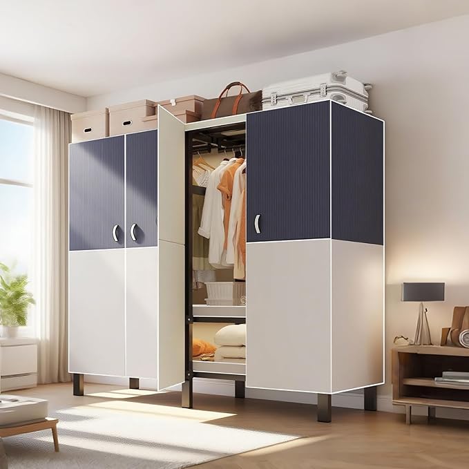 Heavy Duty Portable Closet Wardrobe, Garment Rack with Cover & Hanging Rods, Freestanding Wardrobe with Magnetic Door, Metal 