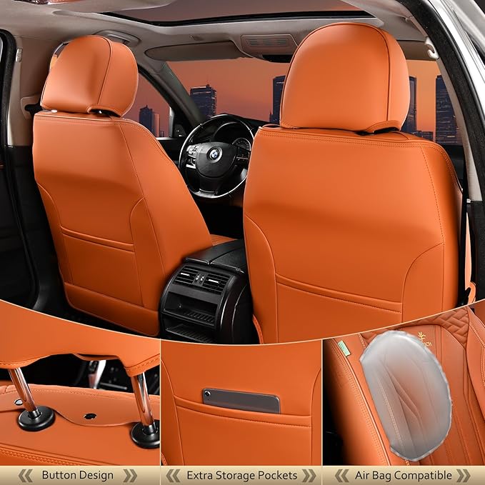 FLORICH Seat Covers, Leather Car Seat Covers Front Seats, Automotive Seat Covers Waterproof Car Seat Cushion Orange Seat Cove